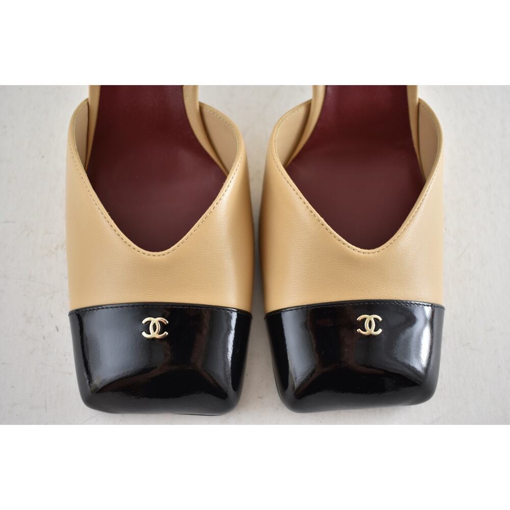 Chanel 26S Blazy Beige Black Square Toe Sling CC Slingback Block Heel Pump 36 - Picture 8 of 16
